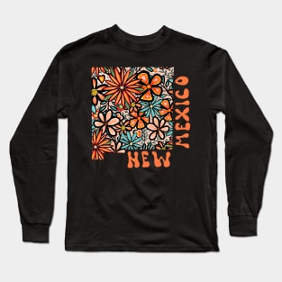 New Mexico State Design | Artist Designed Illustration Featuring New Mexico State Outline Filled With Retro Flowers with Retro Hand-Lettering Long Sleeve T-Shirt